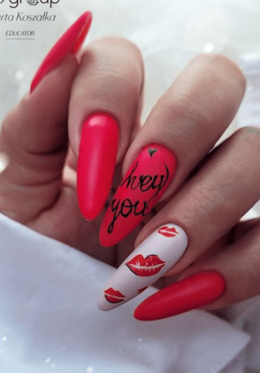 cherry red lip nail art for valentines day. valentines nail design ideas.