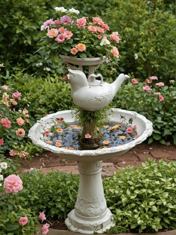 Charming Teapot Garden Birdbath