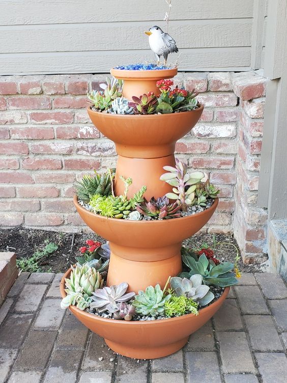 Tiered Succulent Birdbath Delight