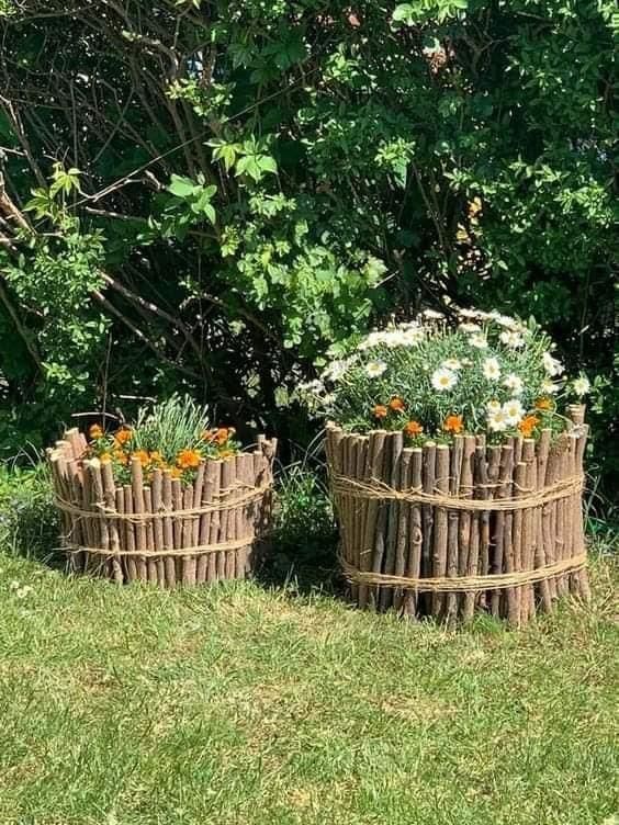 Twig-Wrapped Garden Planters
