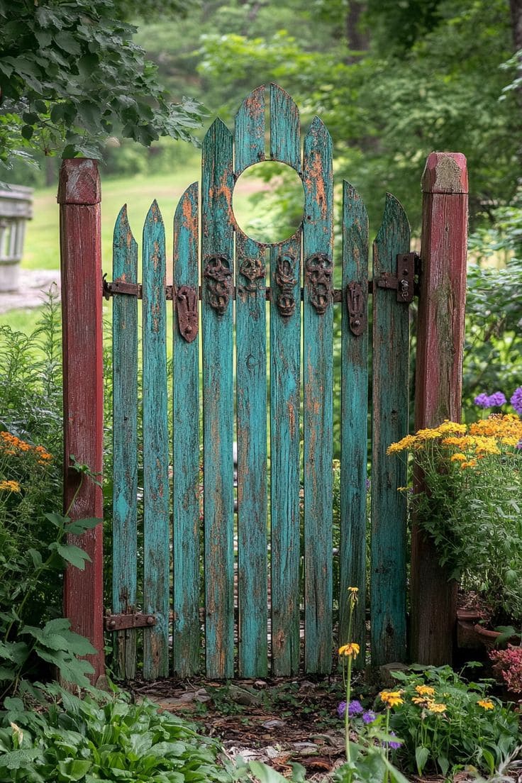 20 Creative DIY Backyard Door Ideas That Open into the Green Woods Weathered Teal Garden Gate