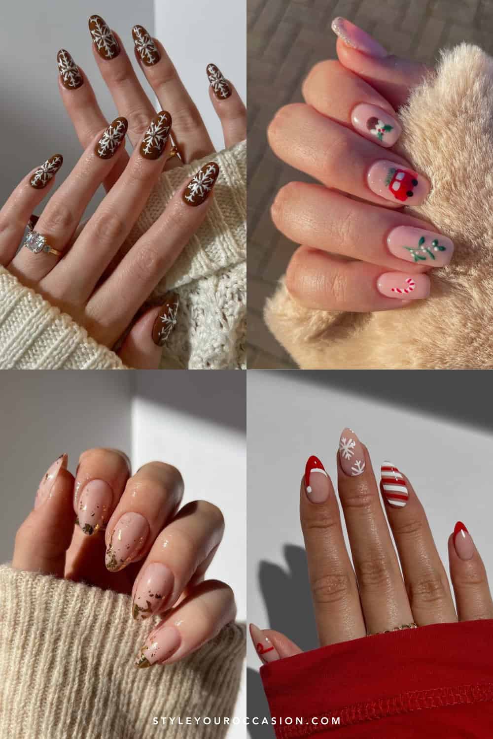 collage of four hands with beautiful Christmas nails