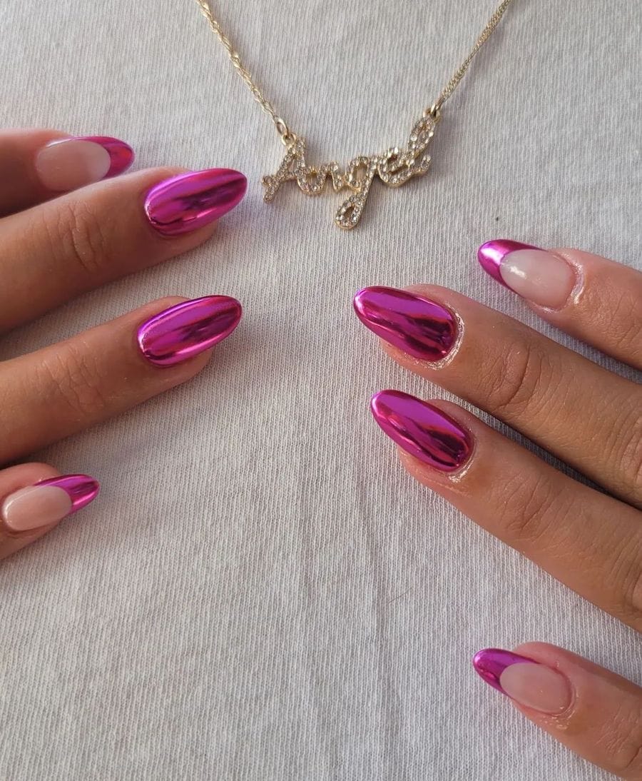 Bright pink chrome nails with french tip nails
