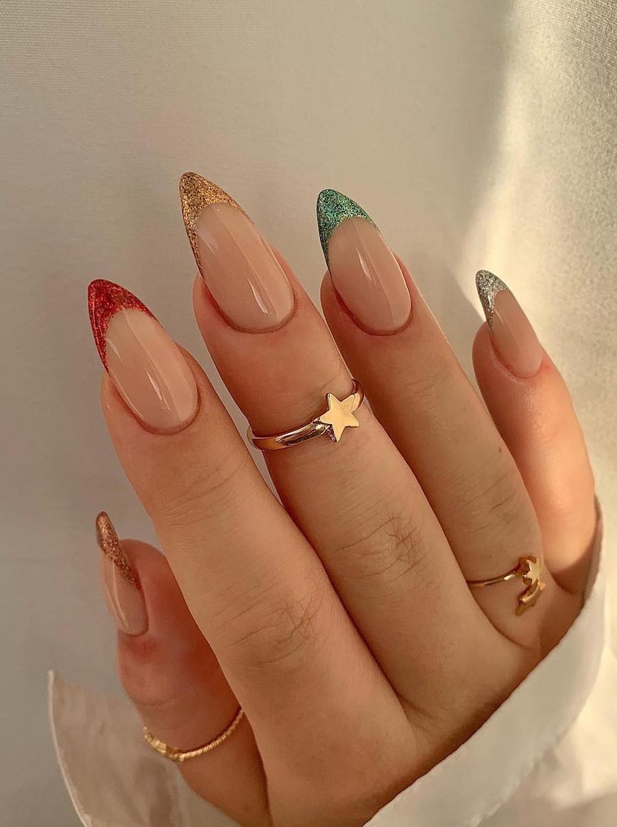 nude nails with christmas color glitter gradient tips