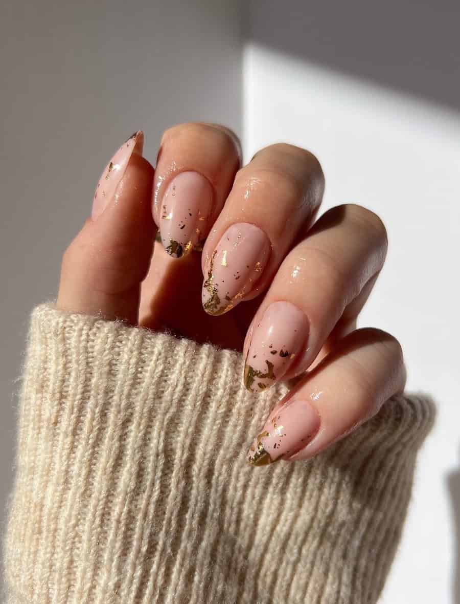 nude nails with gold foil tips