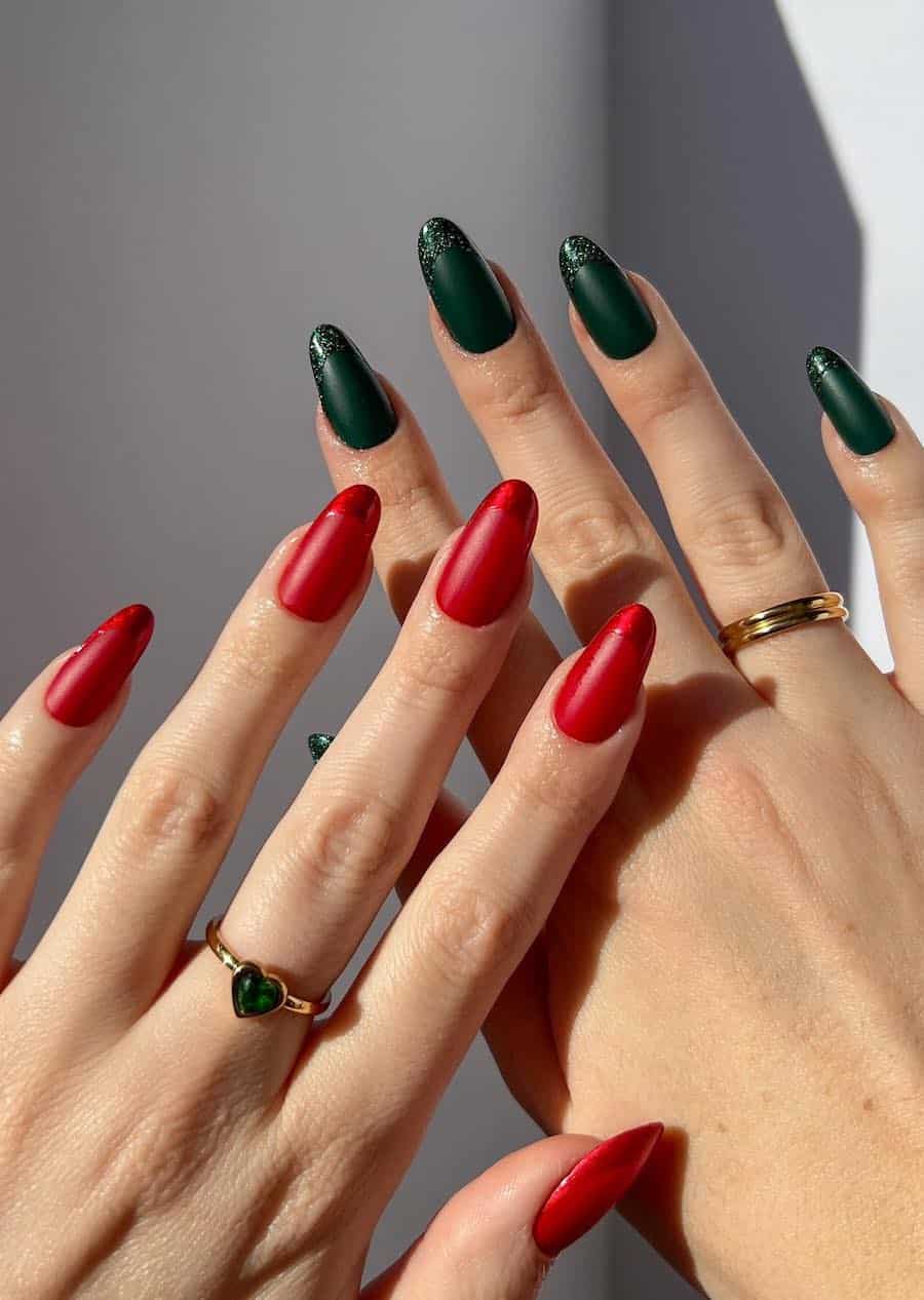 red and green matte nails with glittering tips