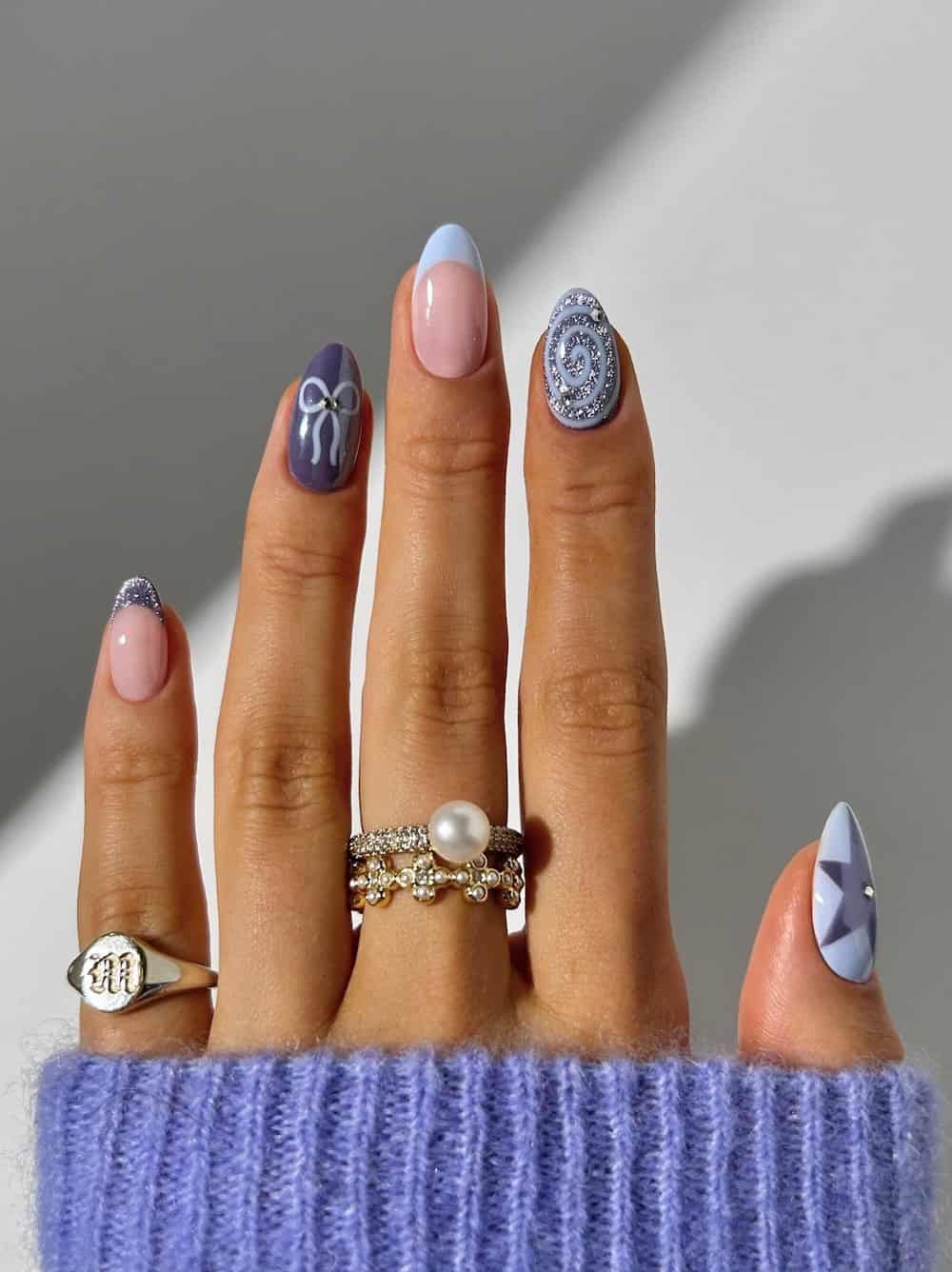 Purple and blue winter collage nails