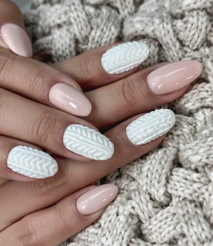 fall sweater nails 2025 Blush and Snow-White Layers