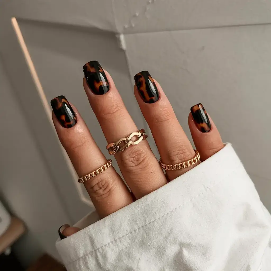 fall tortoiseshell nails 2025 Chic Square-Edged Tortoiseshell