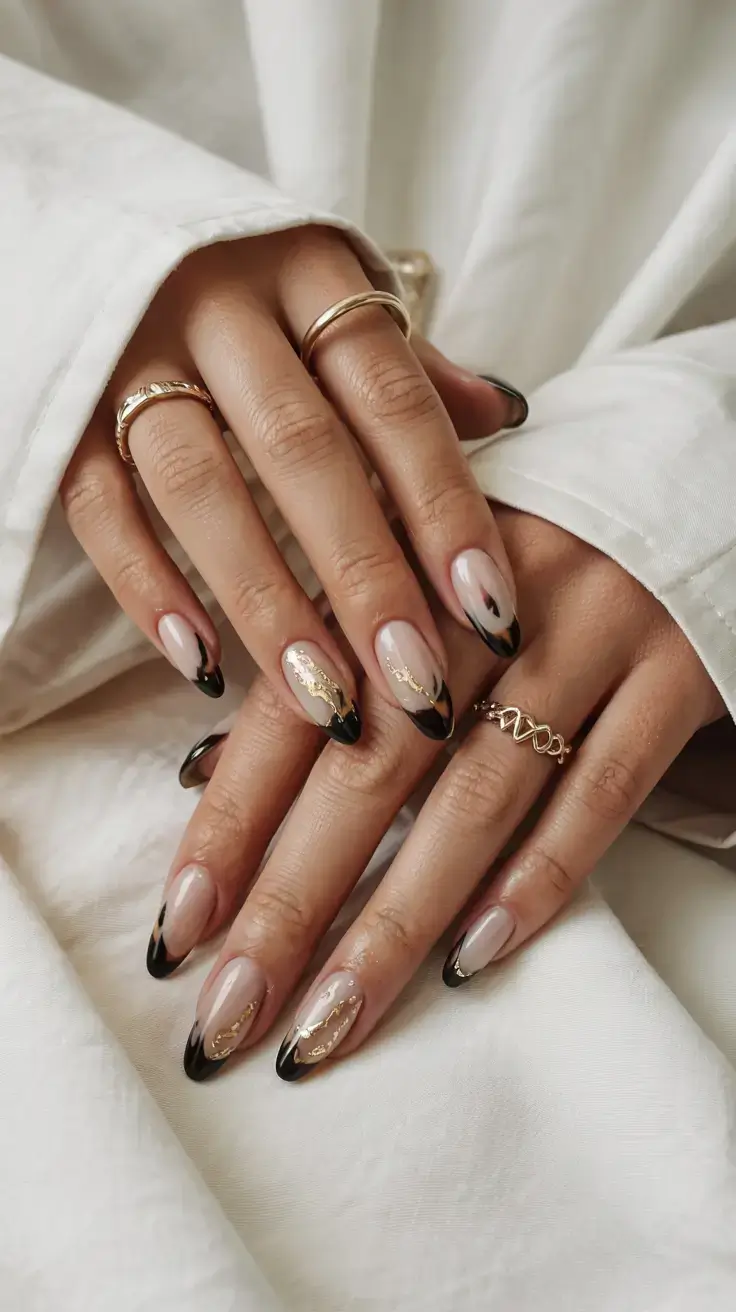 fall tortoiseshell nails 2025 Black French with Golden Touch