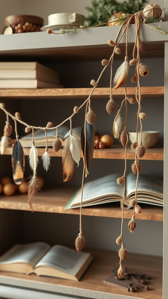 10. Collected feather-and-seedpod garland for the natural Christmas bookshelf