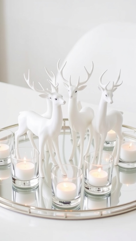 10. White porcelain reindeer figurines grouped on a console with mirrored tray for reflective white Christmas elegance