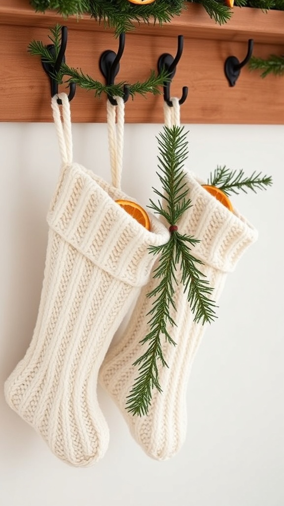 11. Cable-knit stockings draped from wall-mounted hooks with mini cedar garlands for Christmas Eve magic