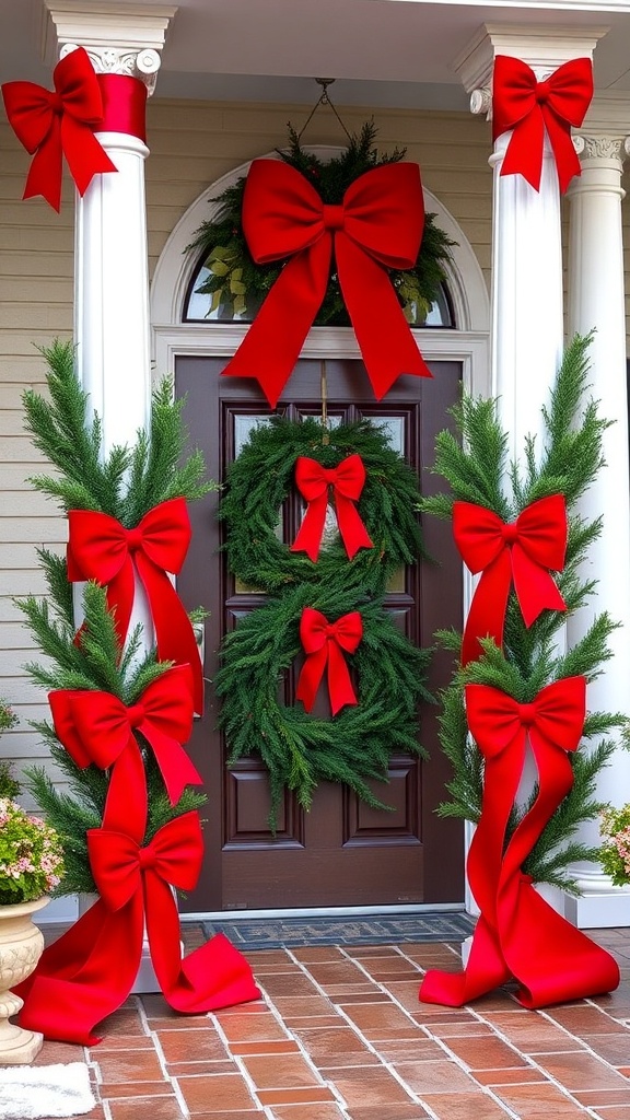 11. Plush oversized red bows wrapping porch pillars and entry wreaths