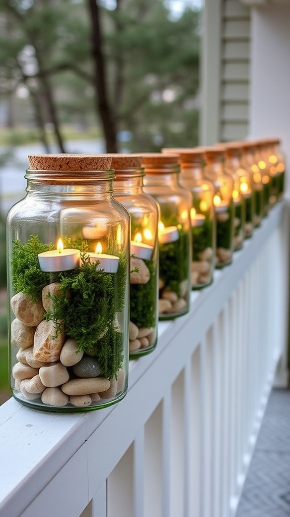 11. Stone-and-moss terrarium lanterns glowing on the natural Christmas porch