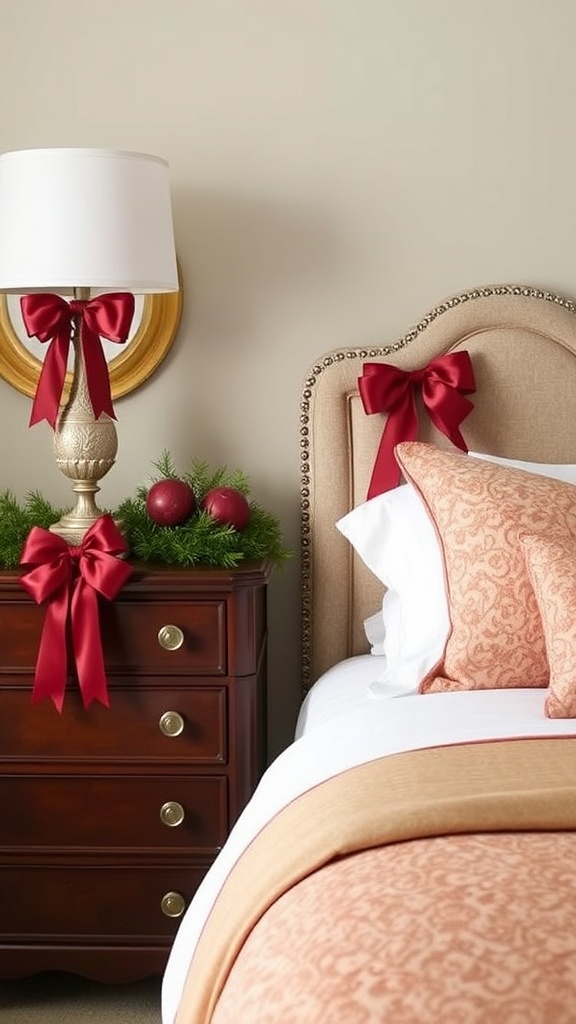 12. Deep burgundy ribbon bows knotted on drawer pulls and lamp bases for Christmas elegance