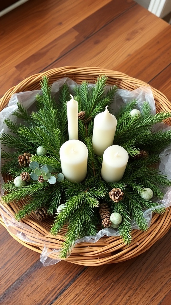 12. Handwoven willow basket filled with fresh greenery as a natural Christmas coffee-table tray