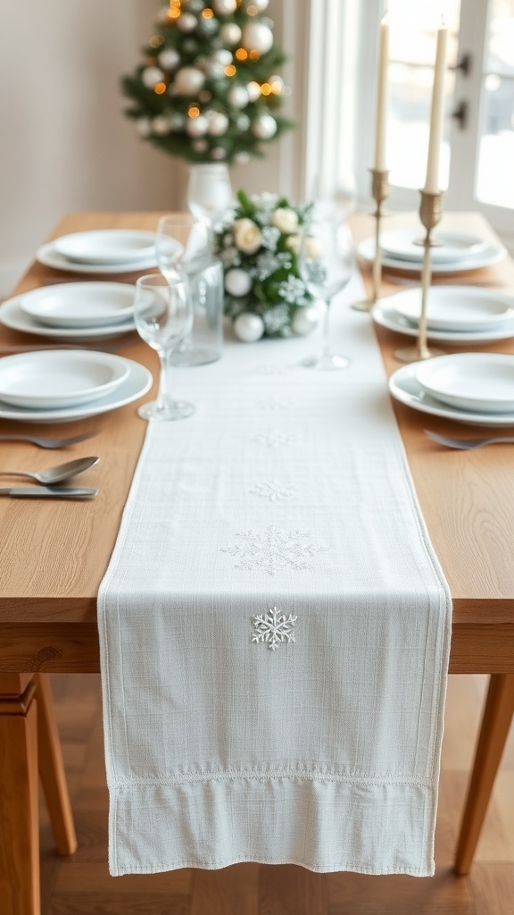 12. White linen table runner embroidered with subtle snowflakes for understated white Christmas dining