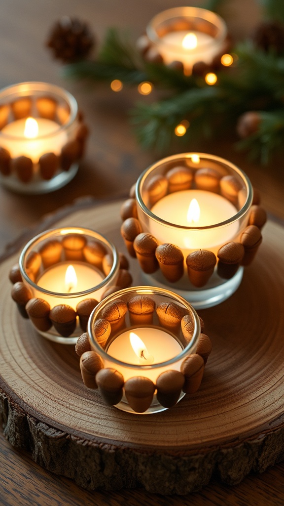 13. Acorn-cap candle votives scattered across the natural Christmas sideboard
