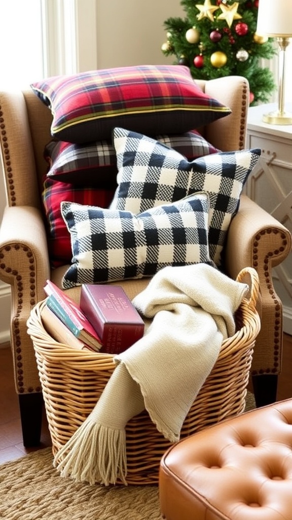 13. Corner armchair piled with holiday novels and checkered cushions for Christmas reading retreat