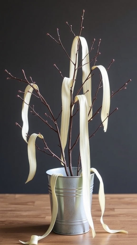 14. Bare-branch tree in a galvanized bucket with linen ribbon streamers for minimalist Christmas