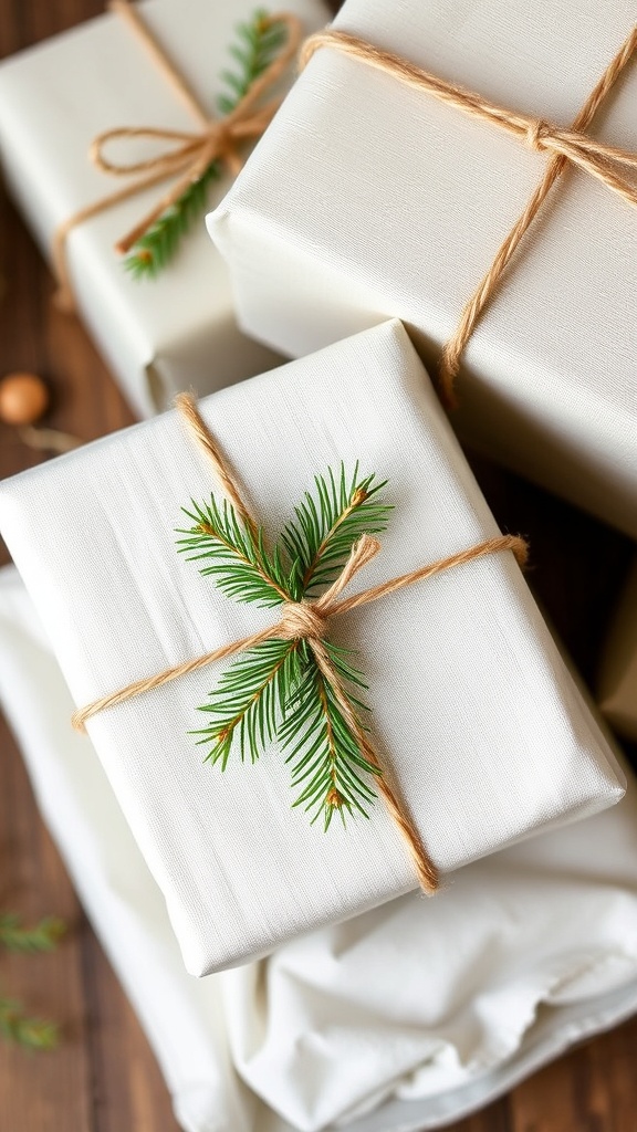 14. Linen-wrapped gifts tied with spruce twigs and twine for natural Christmas presents