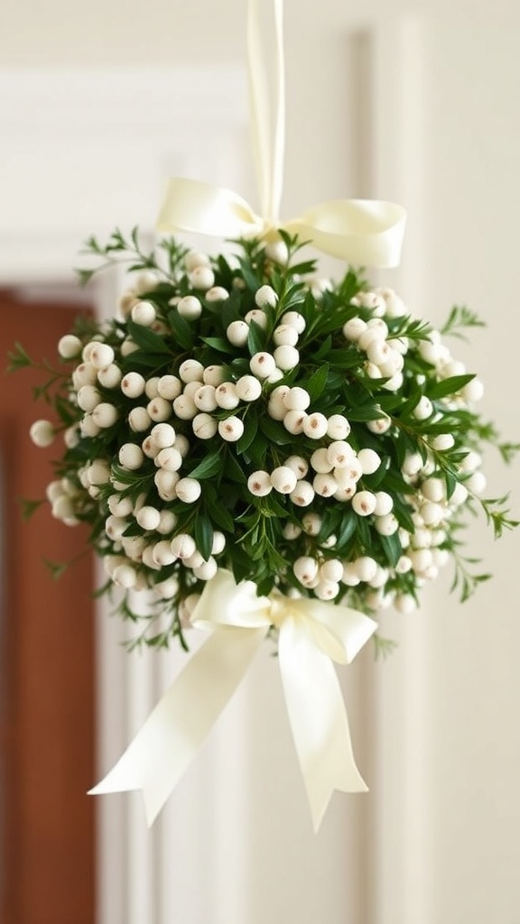 14. Suspended mistletoe sphere with ivory berries and satin bow