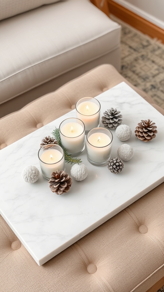 14. White marble tray holding scented pine candles and frosted pinecones for aromatic white Christmas scent