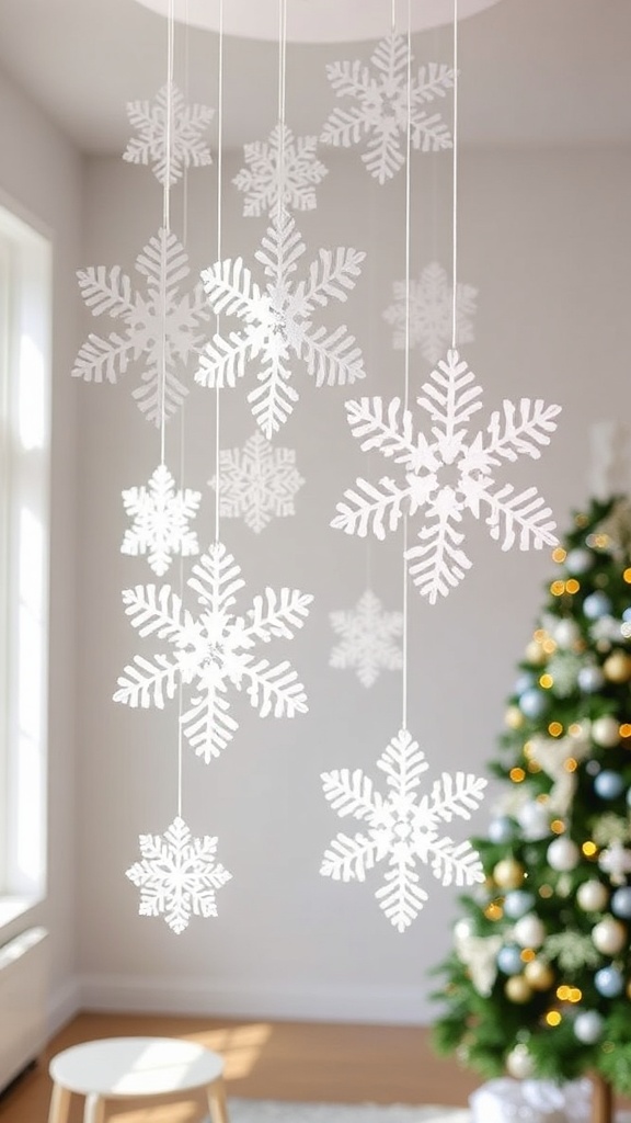 15. Oversized white paper snowflakes suspended from the ceiling at varying heights for floating white Christmas magic