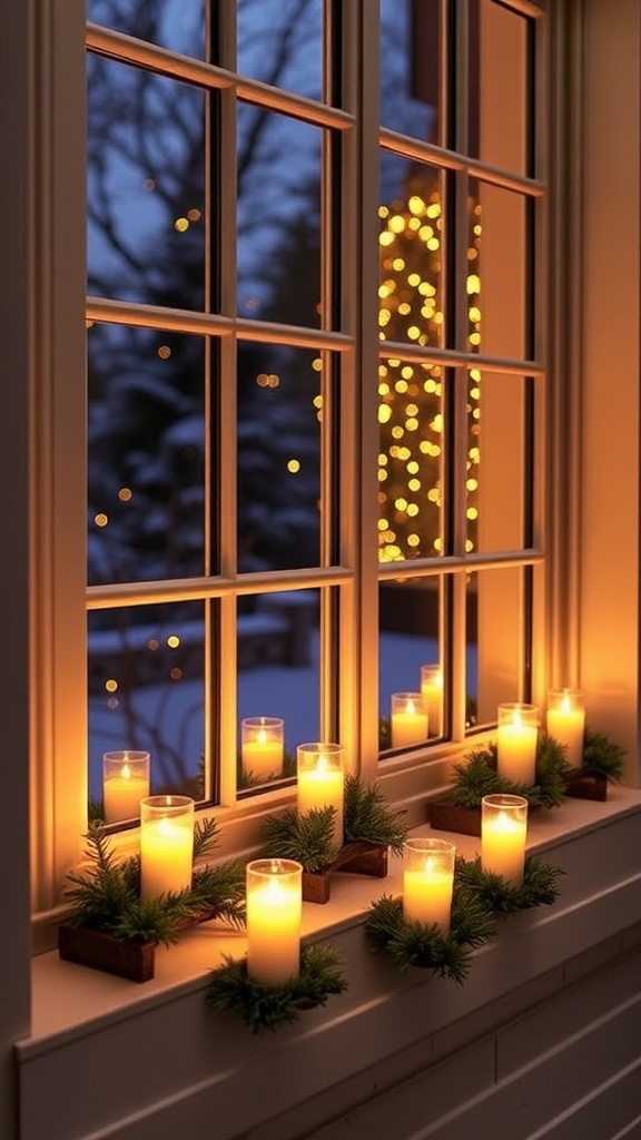 15. Sill-top electric candles flanked by aromatic pine clippings