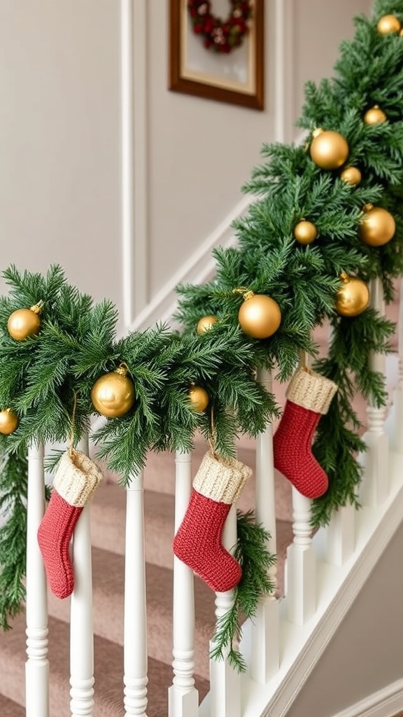 16. Banister draped in garland with gold accents and tiny knit stockings