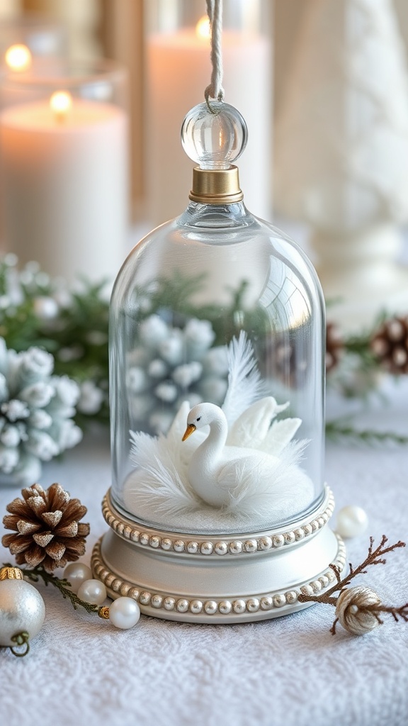 17. Glass cloches displaying single white ornaments or feathers for curated white Christmas vignettes