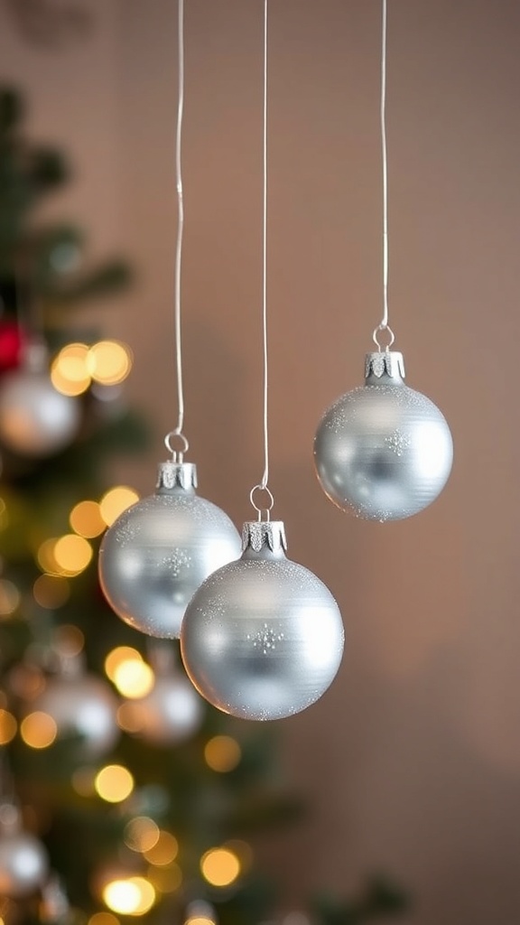 17. Lightweight silver ornaments suspended from the ceiling on clear thread for floating Christmas sparkle
