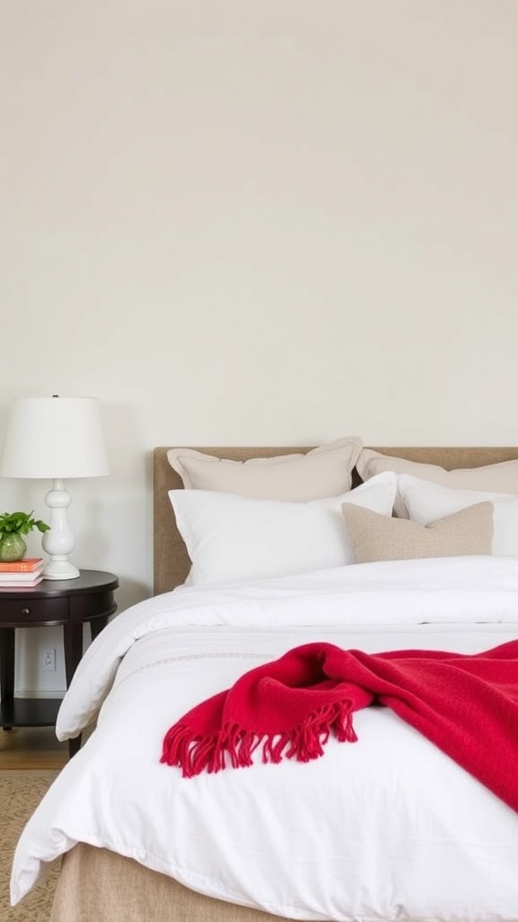18. Oatmeal linen sheets topped with a folded scarlet wool blanket for Christmas warmth