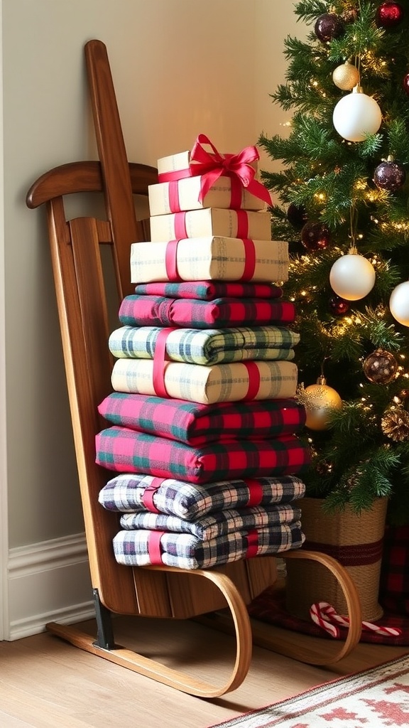 18. Rustic sled loaded with gifts and folded plaid throws