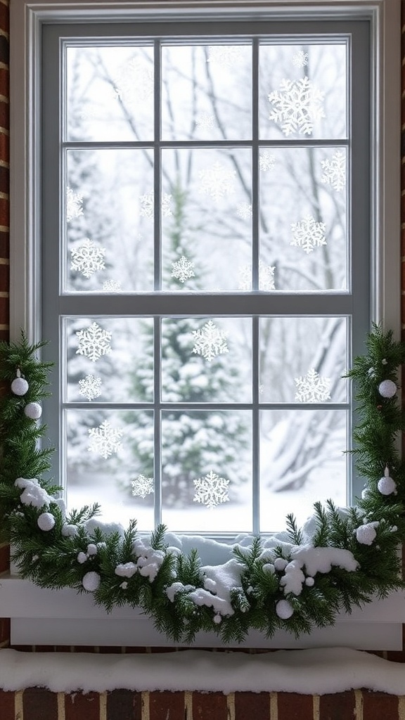 19. Icy window look using snowflake stickers and evergreen trim