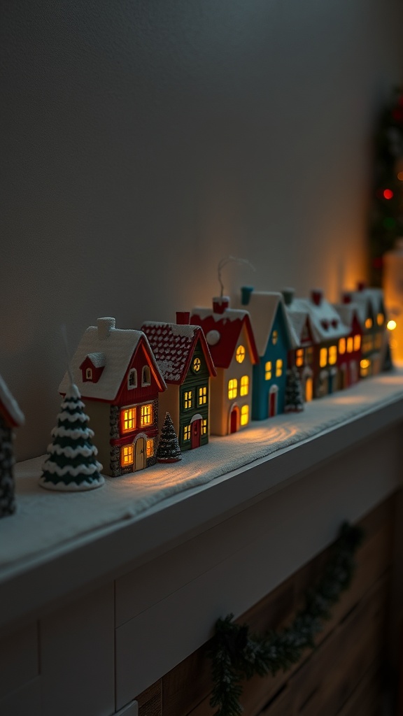 19. Tiny illuminated ceramic houses arranged on a narrow ledge for Christmas village glow