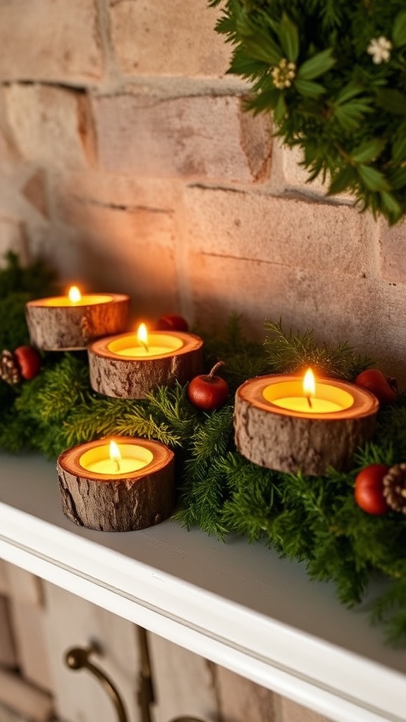 2. Birch-log candle holders drilled for tea lights on the natural Christmas mantel