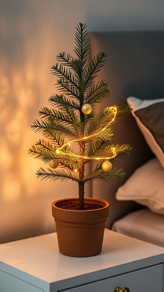 2. Compact bedside Christmas tree with micro ornaments and warm LED lights