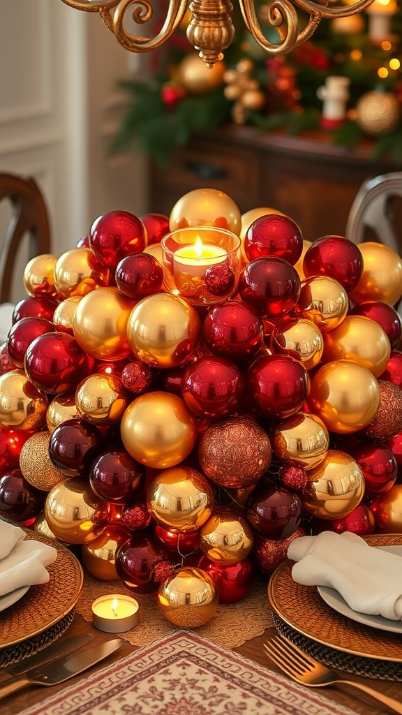 2. Timeless gold and crimson bauble centerpiece for the holiday table