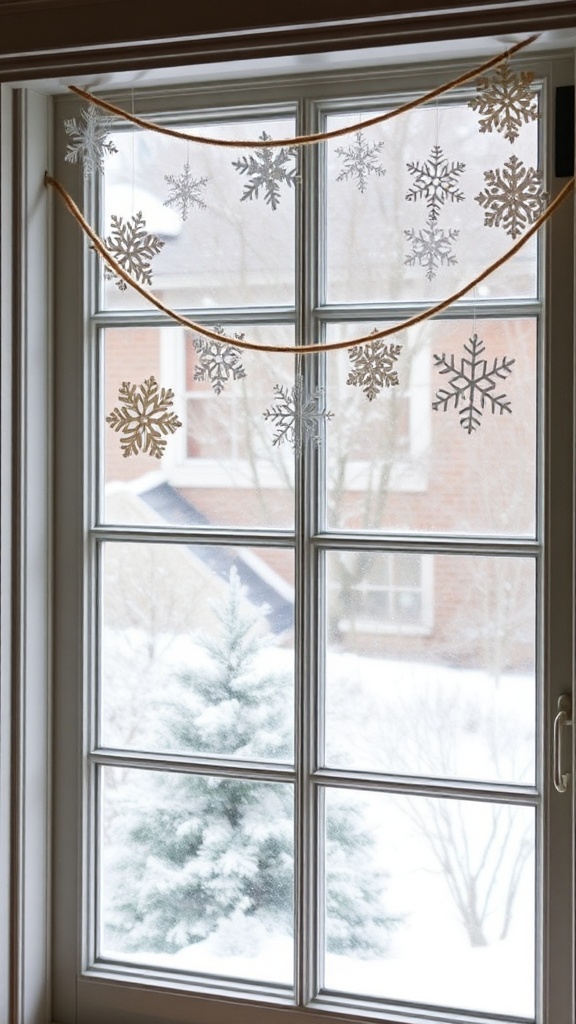 22. Paper snowflake strand hung horizontally across the window frame for lacy Christmas view