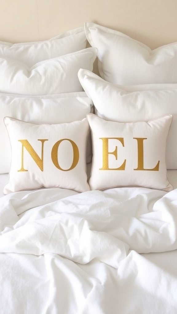 23. Velvet “NOEL” pillows tucked among downy white Euros for sophisticated Christmas whisper