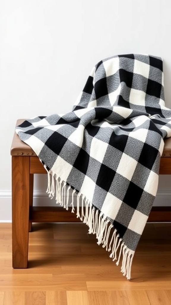 24. Charcoal-and-ivory check throw draped over a bench at the bed’s end for modern Christmas contrast