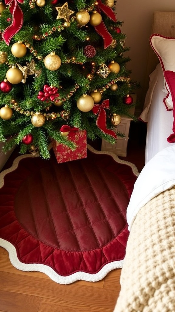 25. Quilted tree skirt repurposed as a textured round mat beside the bed for clever Christmas practicality