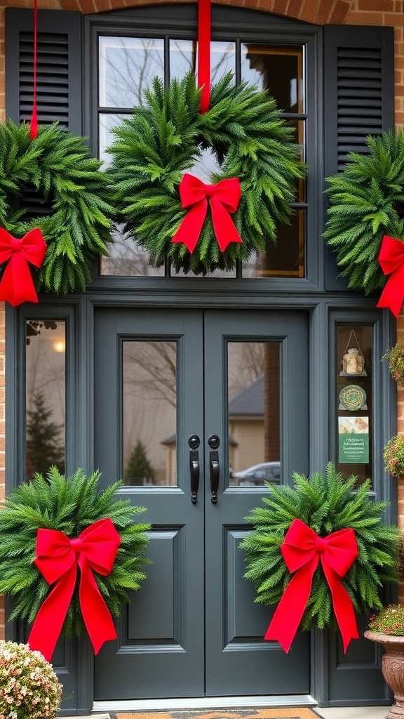 3. Evergreen wreaths with bold red bows adorning windows and doors