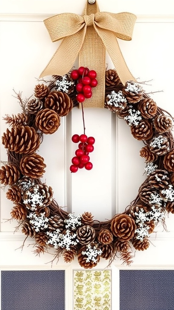 3. Hand-collected pinecone wreath sprayed lightly with frost for a snowy natural Christmas door