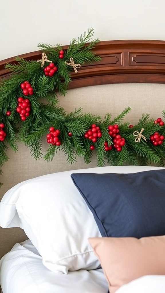 3. Lush pine garland framing the headboard with faux berries and twine bows for Christmas scent