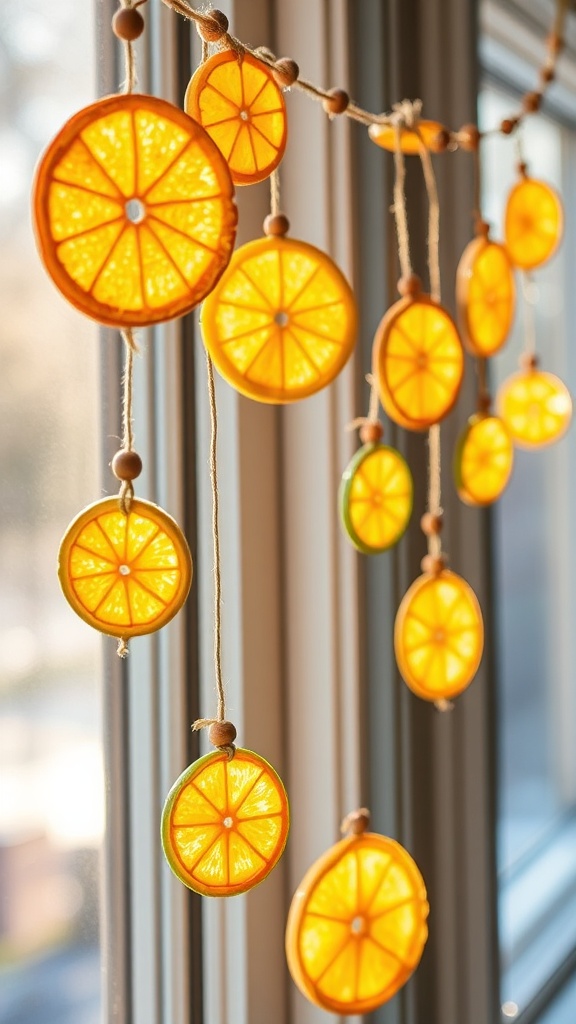 4. Dried citrus garland strung on jute across the natural Christmas window