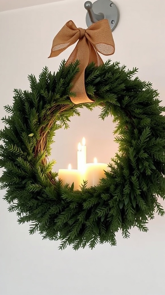 4. Statement Christmas wreath above the bed tied with wide burlap ribbon and battery candles