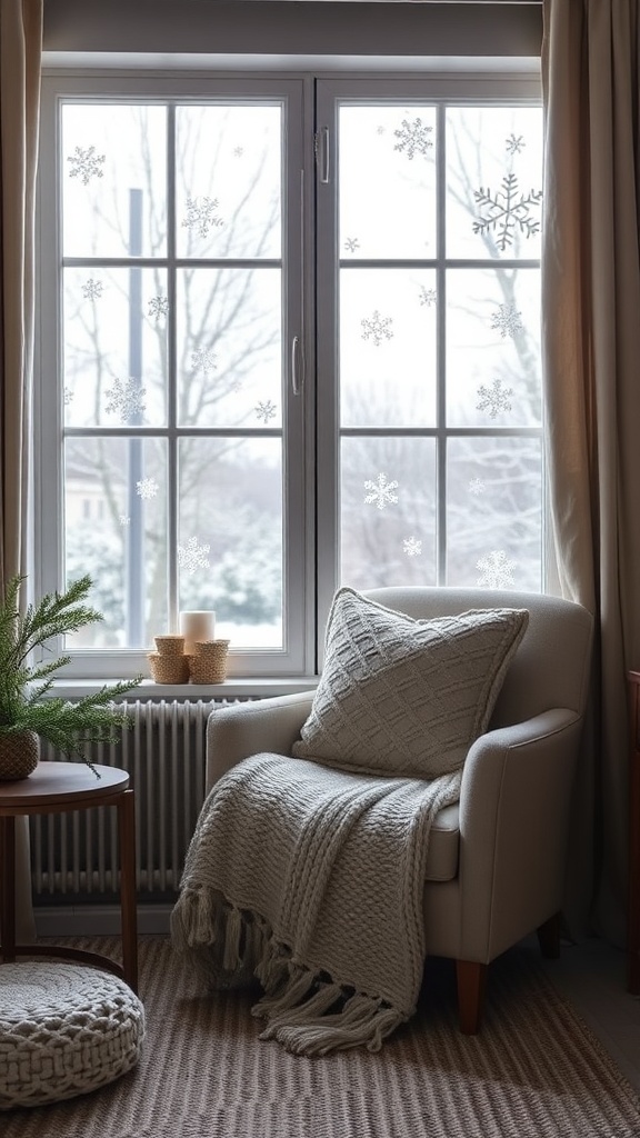 5. Frosted snowflake window clings clustered near a plush armchair for Christmas winter nook